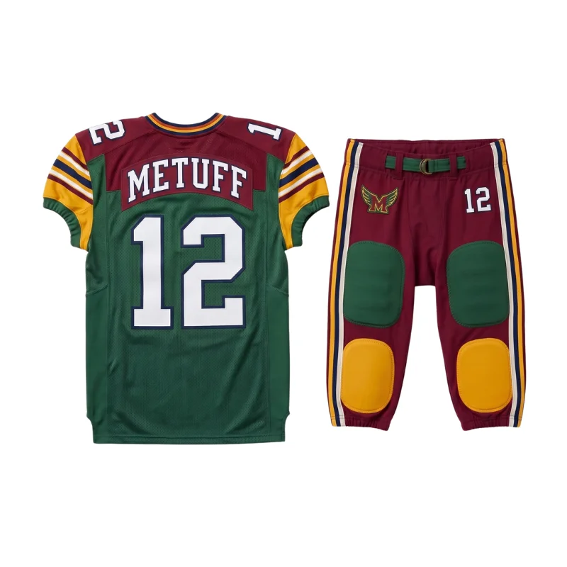 American football game uniform with custom jersey and integrated pad pants