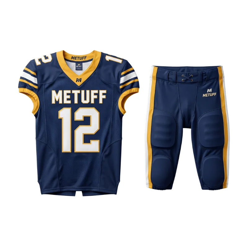 Youth American football players wearing custom team uniforms with jerseys and pants