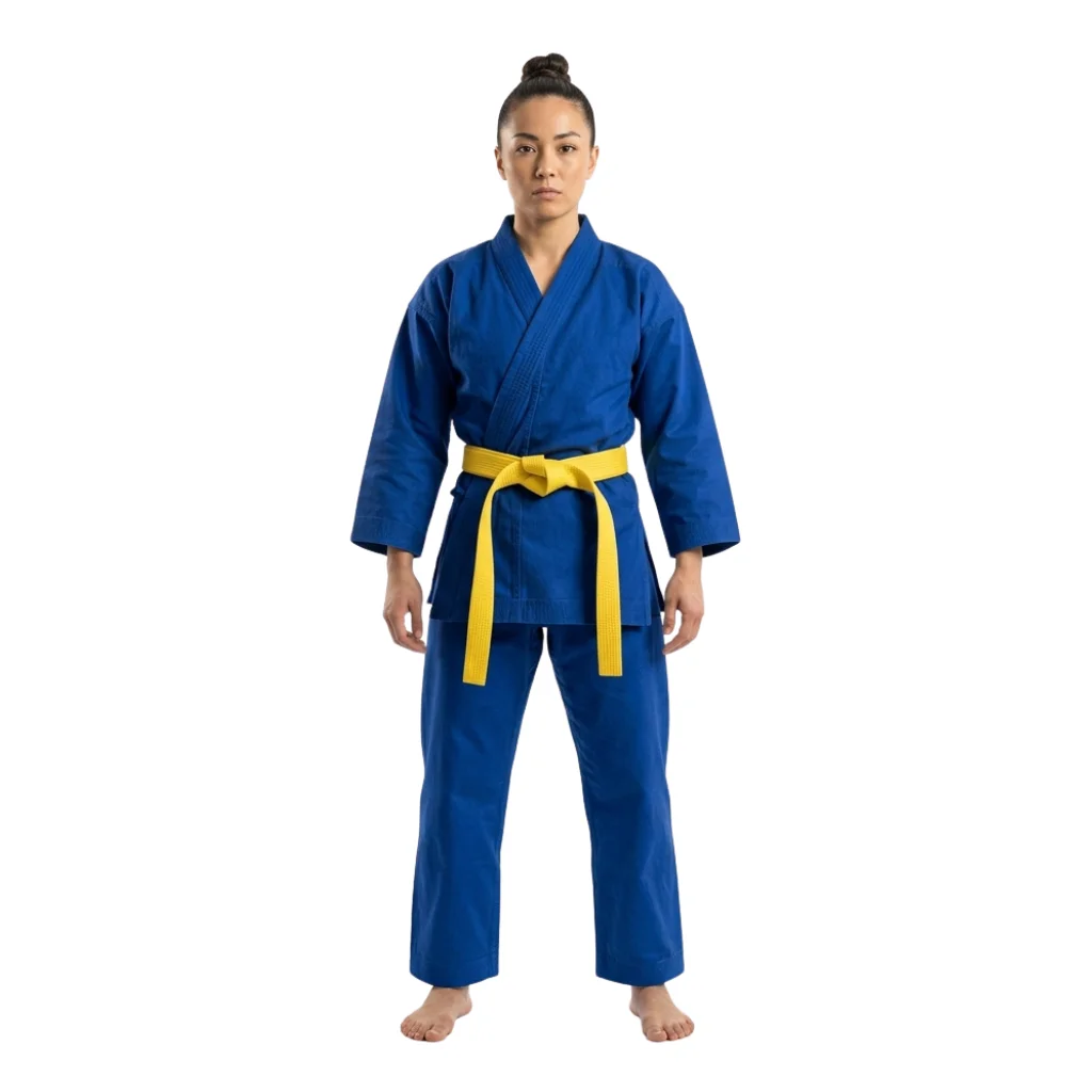 Heavyweight white judo gi with reinforced collar and double-layer knee trousers