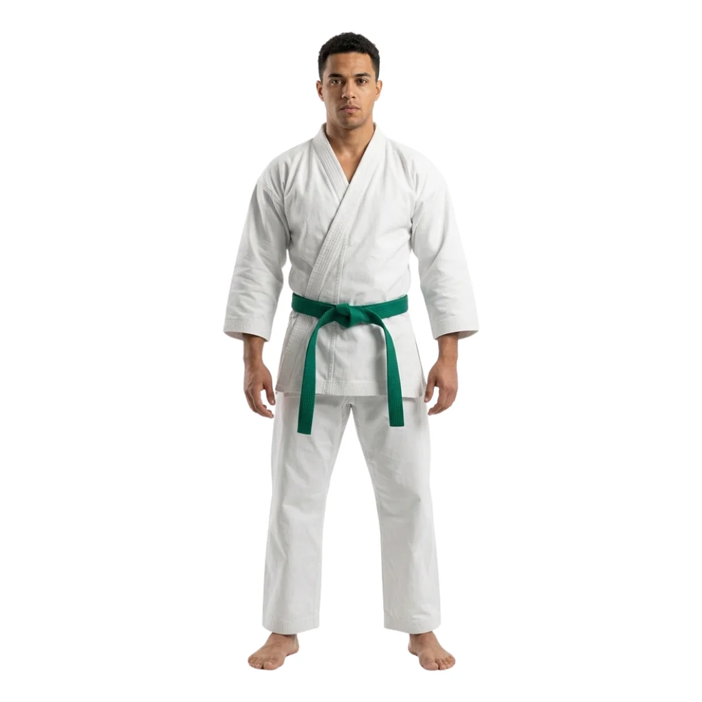 Professional white judo training uniform with reinforced jacket and drawstring trousers