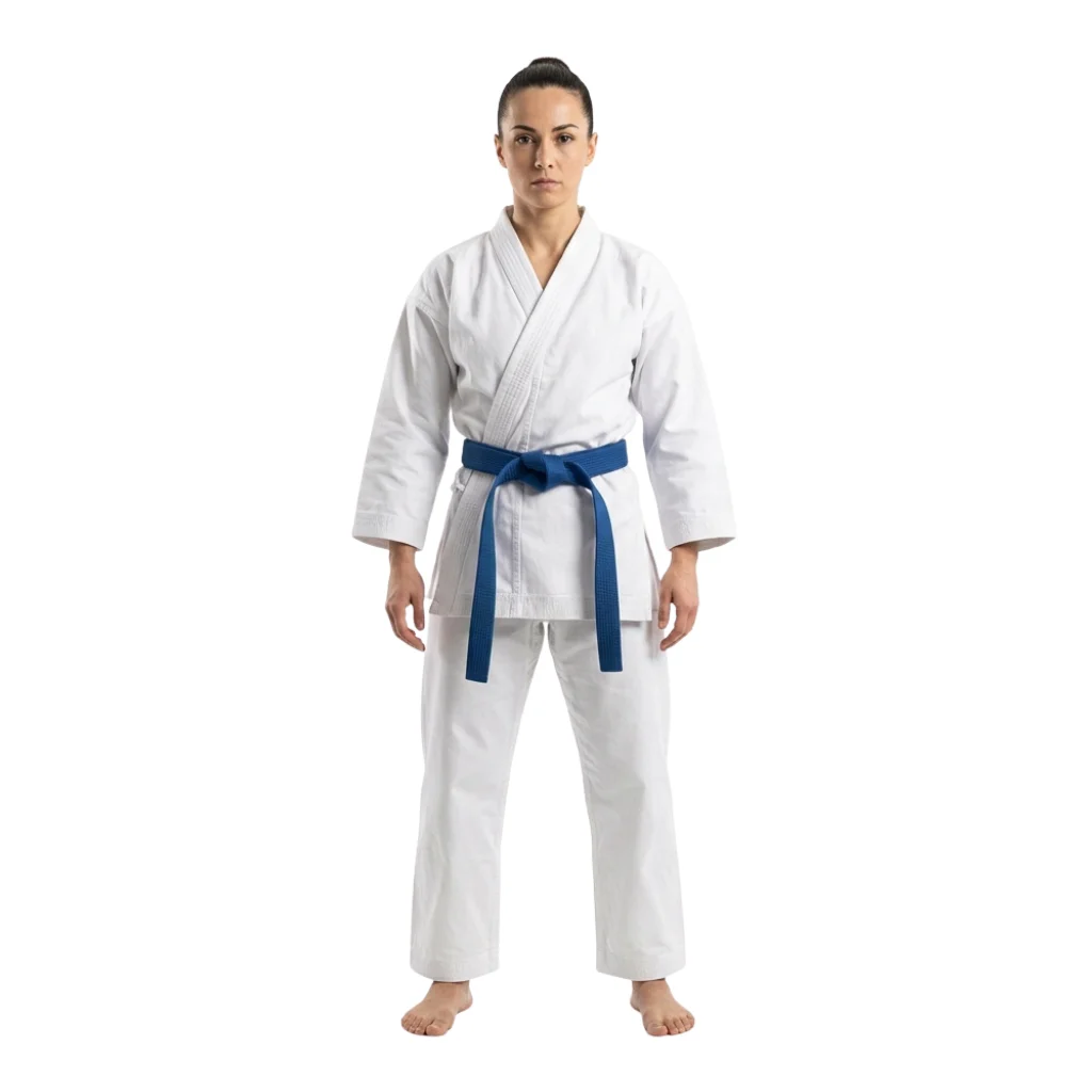 Professional white karate training uniform with traditional gi jacket and trousers
